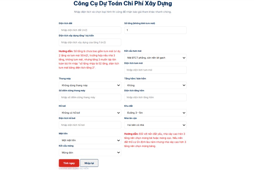 Công cụ dự toán cho website xây dựng